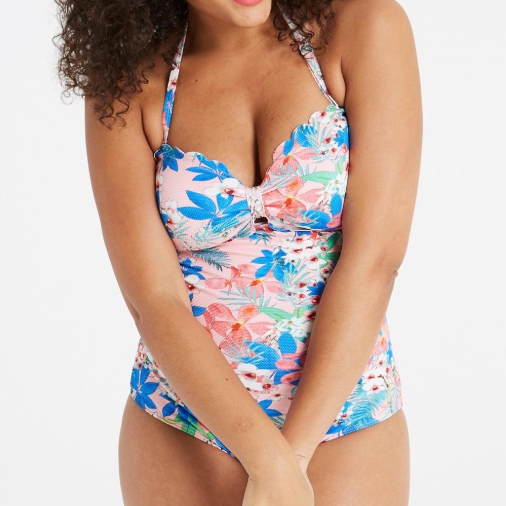 Pink Floral Scalloped Bandeau One Piece